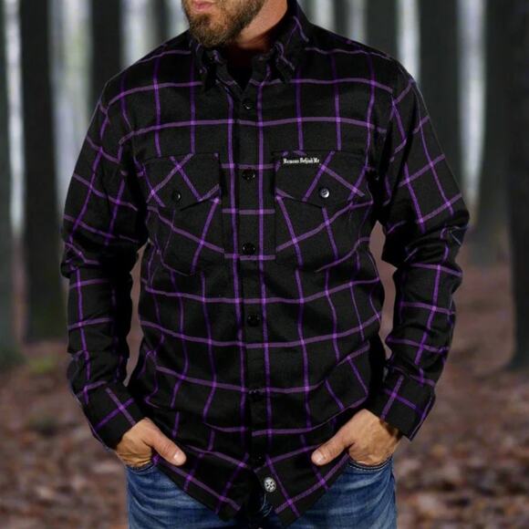 Demons Behind Me Shirt Mens 2XL The Raven Purple Plaid Flannel Skull Embroidered - Picture 1 of 12